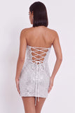 Zilveren korset strapless bodycon korte cocktailjurk met ruches