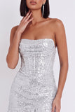 Zilveren korset strapless bodycon korte cocktailjurk met ruches