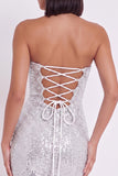 Zilveren korset strapless bodycon korte cocktailjurk met ruches