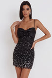 Zwarte Bodycon Spaghetti Bandjes Glinsterende Strik Korte Cocktailjurk met Stras