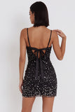 Zwarte Bodycon Spaghetti Bandjes Glinsterende Strik Korte Cocktailjurk met Stras