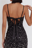 Zwarte Bodycon Spaghetti Bandjes Glinsterende Strik Korte Cocktailjurk met Stras