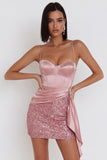 Roze korset Bodycon Spaghetti Straps Korte Cocktailjurk met pailletten