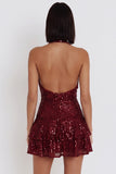 Bordeauxrode pailletten halter met gelaagde ruches korte rugloze cocktailjurk