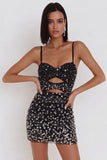 Zwarte Bodycon Spaghetti Bandjes met korte kralenversierde cocktailjurk met strass