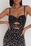 Zwarte Bodycon Spaghetti Bandjes met korte kralenversierde cocktailjurk met strass