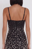 Zwarte Bodycon Spaghetti Bandjes met korte kralenversierde cocktailjurk met strass