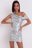 Glitterende zilveren pailletten bodycon asymmetrische cocktailjurk met één schouder