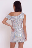 Glitterende zilveren pailletten bodycon asymmetrische cocktailjurk met één schouder