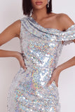 Glitterende zilveren pailletten bodycon asymmetrische cocktailjurk met één schouder