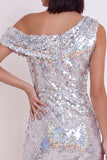 Glitterende zilveren pailletten bodycon asymmetrische cocktailjurk met één schouder