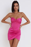 Fuchsia korset satijn strapless bodycon gerimpelde korte cocktailjurk