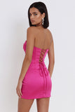 Fuchsia korset satijn strapless bodycon gerimpelde korte cocktailjurk