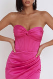 Fuchsia korset satijn strapless bodycon gerimpelde korte cocktailjurk