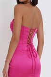 Fuchsia korset satijn strapless bodycon gerimpelde korte cocktailjurk