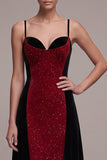 Rode en zwarte sheath spaghetti bandjes A-lijn glitter maxi fluwelen jurk
