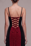 Rode en zwarte sheath spaghetti bandjes A-lijn glitter maxi fluwelen jurk