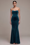 Pauwblauw korset Meermin strapless lange fluwelen jurk met strass