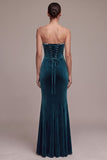 Pauwblauw korset Meermin strapless lange fluwelen jurk met strass