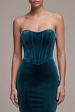 Pauwblauw korset Meermin strapless lange fluwelen jurk met strass