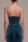Pauwblauw korset Meermin strapless lange fluwelen jurk met strass