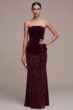 Bordeauxrode strapless schede Jacquard Maxi Velvet jurk