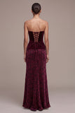 Bordeauxrode strapless schede Jacquard Maxi Velvet jurk