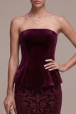 Bordeauxrode strapless schede Jacquard Maxi Velvet jurk