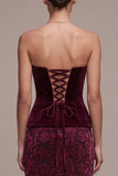 Bordeauxrode strapless schede Jacquard Maxi Velvet jurk