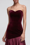 Bordeauxrode meermin strapless satijn geplooide maxi fluwelen jurk