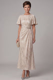 Champagneschede met ronde hals en gerimpelde mouwen Maxi Mother of the Bride jurk met strass