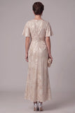 Champagneschede met ronde hals en gerimpelde mouwen Maxi Mother of the Bride jurk met strass