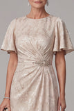Champagneschede met ronde hals en gerimpelde mouwen Maxi Mother of the Bride jurk met strass
