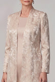 Champagne 2-delige schede met ronde hals Jacquard lange jurk van de moeder van de bruid met jasje