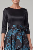 Zwarte A-lijn boothals met 3/4 mouwen maxi Mother of the Bride jurk met strik