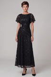 Zwarte A-lijn Bateau hals met gerimpelde pailletten midi Mother of the Bride jurk met strassstone