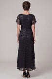 Zwarte A-lijn Bateau hals met gerimpelde pailletten midi Mother of the Bride jurk met strassstone