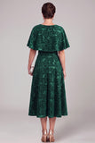Donkergroene A-lijn midi-jurk met ronde hals bedrukt Mother of the Bride met cape