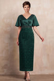 Donkergroene schede V-hals geprinte wijde mouwen midi Mother of the Bride jurk met kralen