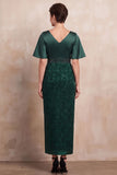 Donkergroene schede V-hals geprinte wijde mouwen midi Mother of the Bride jurk met kralen