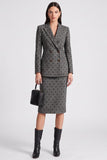 Grijze polka dot fitted peak revers enkelvoudige knielange werkjurk
