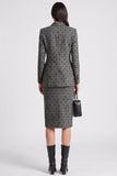 Grijze polka dot fitted peak revers enkelvoudige knielange werkjurk