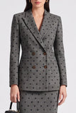 Grijze polka dot fitted peak revers enkelvoudige knielange werkjurk