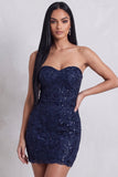 Marineblauwe pailletten bodycon strapless bloemenborduurwerk korte cocktailjurk