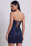 Marineblauwe pailletten bodycon strapless bloemenborduurwerk korte cocktailjurk