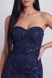 Marineblauwe pailletten bodycon strapless bloemenborduurwerk korte cocktailjurk