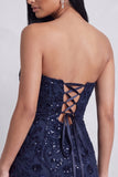 Marineblauwe pailletten bodycon strapless bloemenborduurwerk korte cocktailjurk