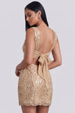 Golden Bodycon Vierkante Halspailletten Korte Cocktailjurk