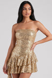 Gouden strapless bodycon met gelaagde pailletten korte cocktailjurk