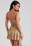 Gouden strapless bodycon met gelaagde pailletten korte cocktailjurk